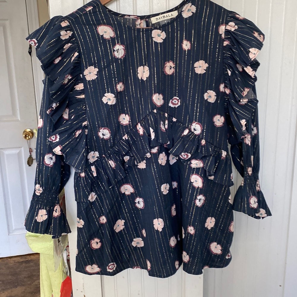 Baybala Cotton Flounced and Ruffled Floral & Gold Striped  Top.  Medium.